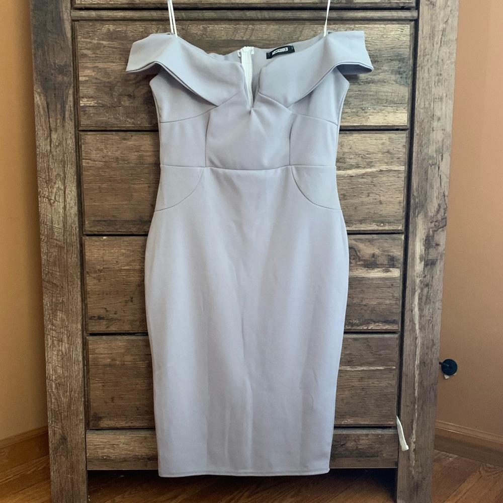 MISSGUIDED Off the shoulder wedding guest dress.